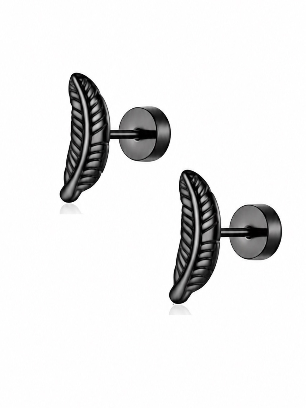 Black Feather Flat Back Stud Earrings 20G Stainless Steel Cartilage Stud